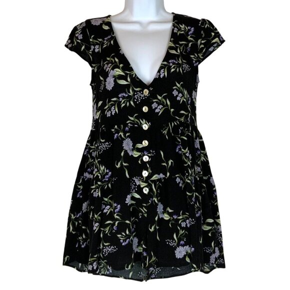 Urban Outfitters Black Floral Button-Front Romper Womens Size Medium Rayon - Picture 1 of 5